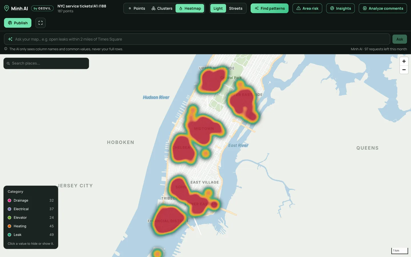 Heatmap of service tickets in Manhattan